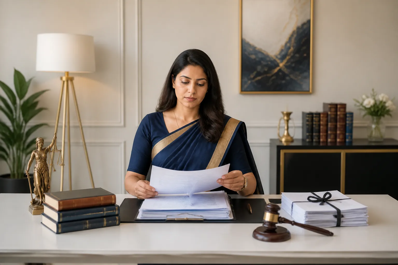 Advocate Monika Mittal reviewing legal documents at her professional desk