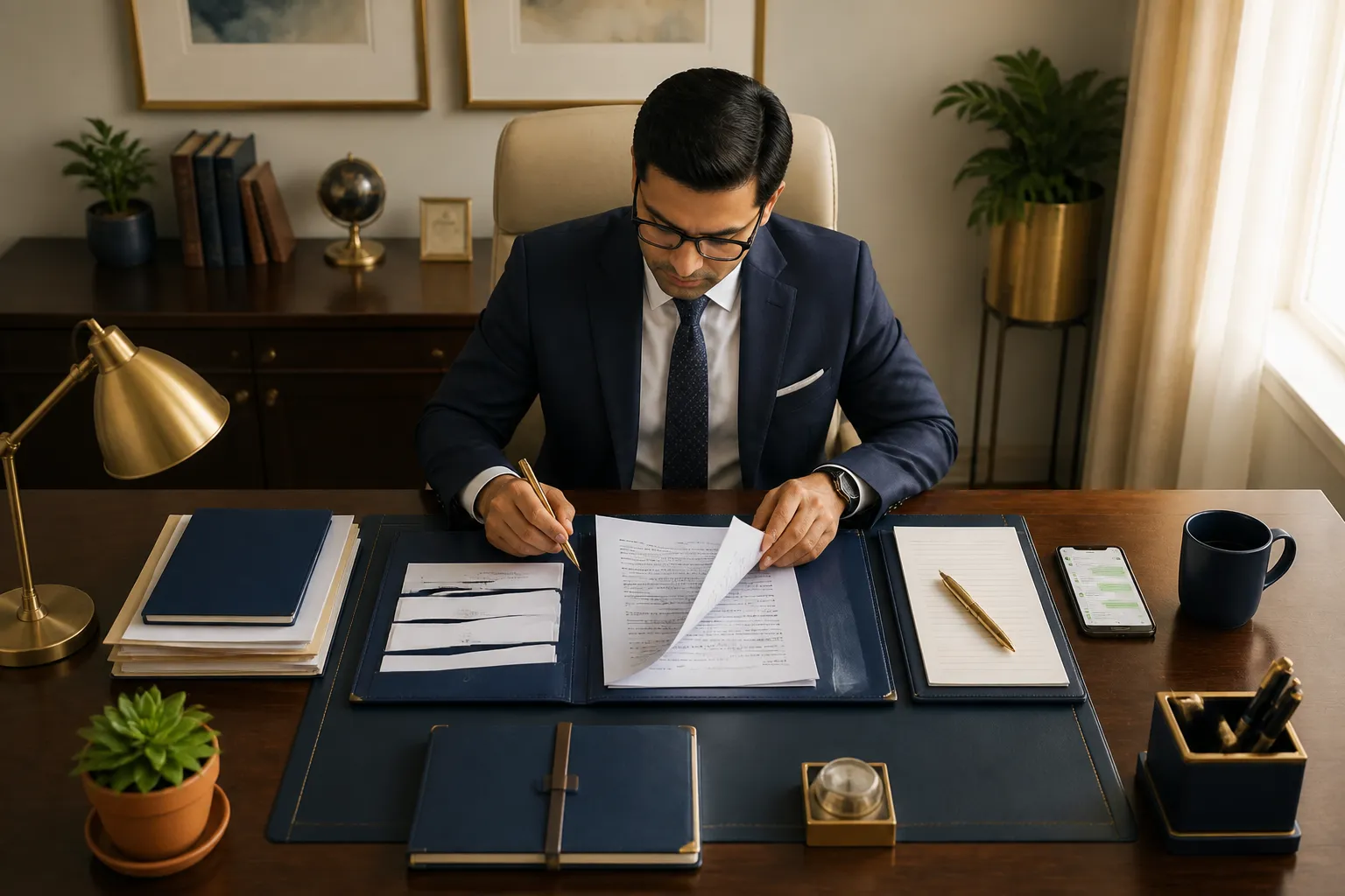 Professional tax advisory workspace showing documents, a pen and a phone ready for client enquiries